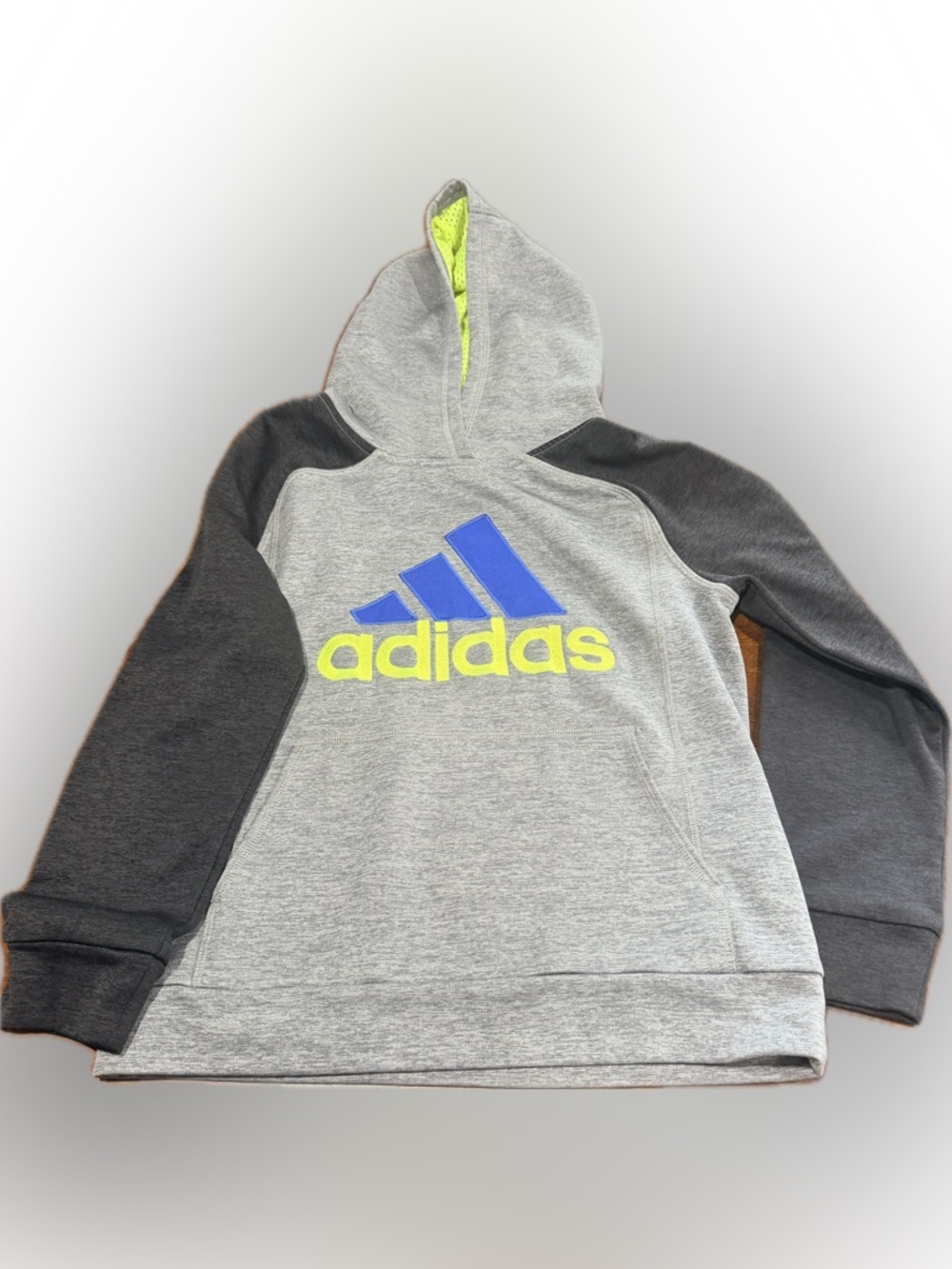 adidas Gray & Dark Gray Hoodie with Blue and Neon Yellow Logo